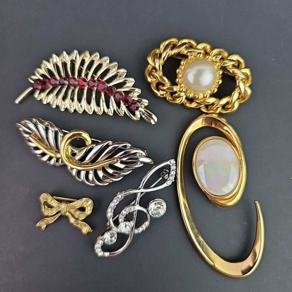 Vintage Brooch Lot Gold Tone Silver Tone Rhinestone Fern Bow Loops Faux 6 Piece